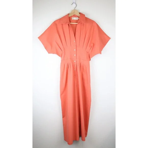 Anthropologie Exquise The Tobie Pleated Jumpsuit Bright Poppy Peach Small Petite - Picture 3 of 10